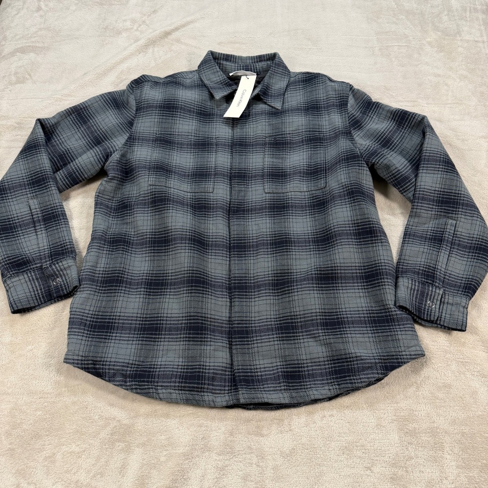 NEW Calvin Klein Mens Large Quilted Lined Flannel Shirt Jacket Blue Plaid Casual